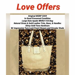 Kate Spade Gold Leather Turn Lock  Straw Bag Nice Preowned Cond Very Good Size